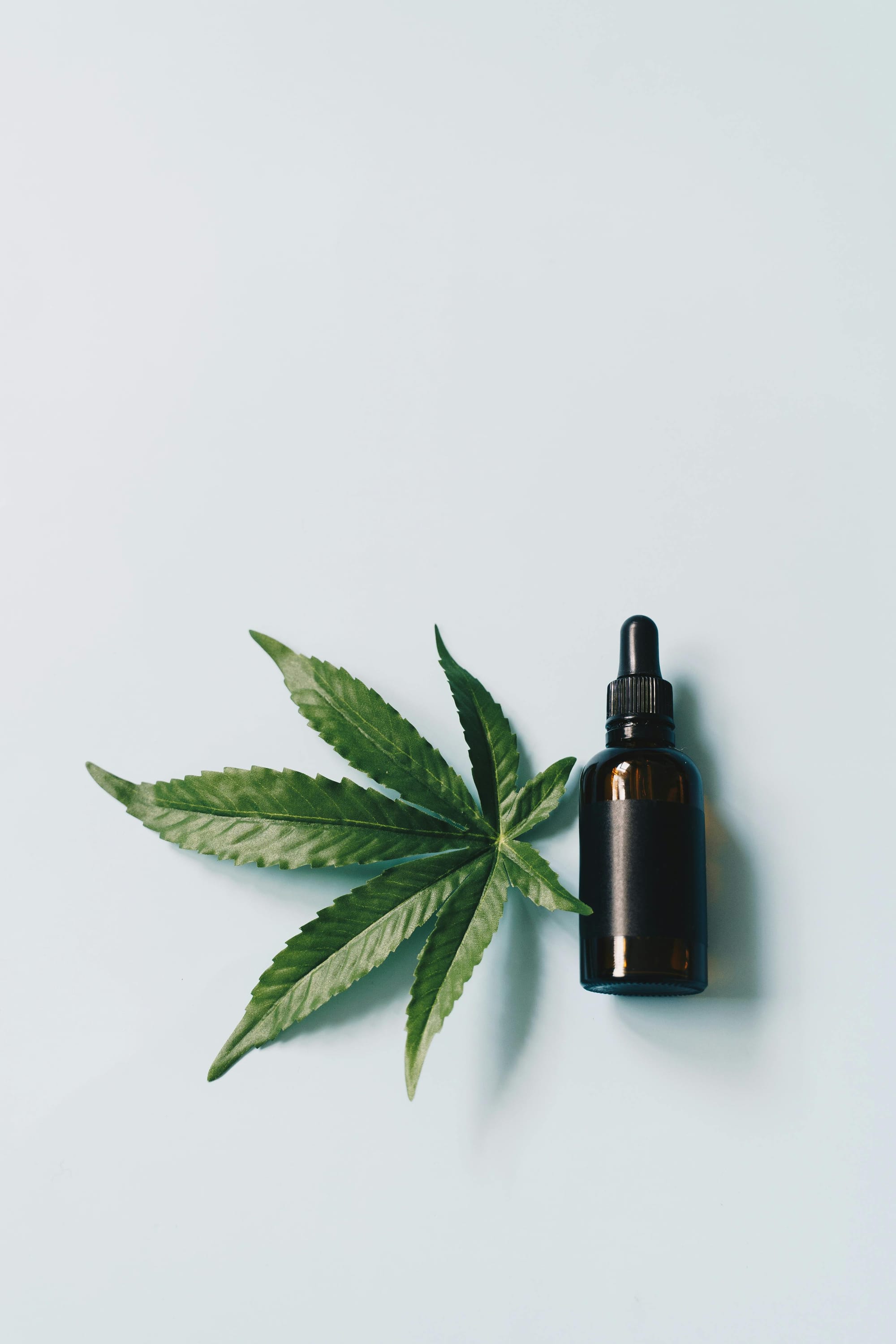 A cannabis leaf with a dropper bottle.